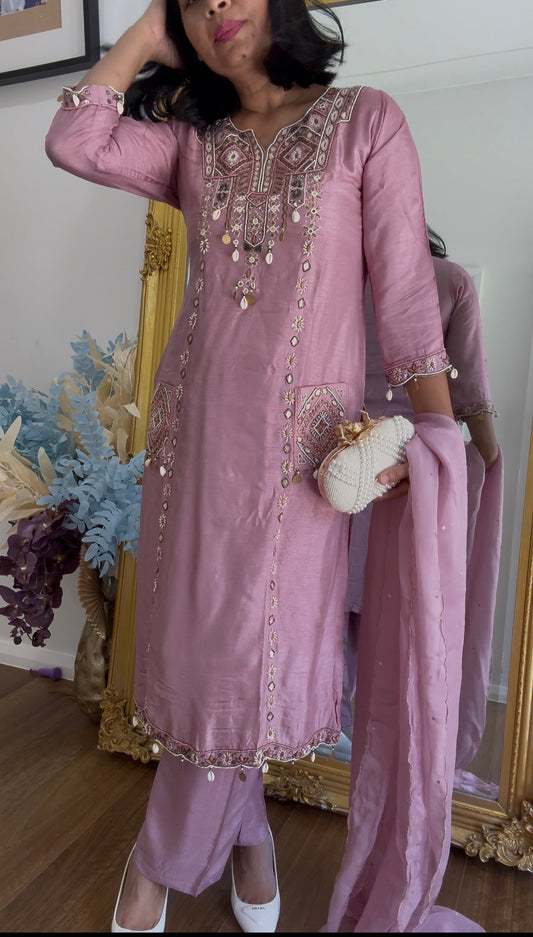 Dusty rose suit with palazo and dupatta