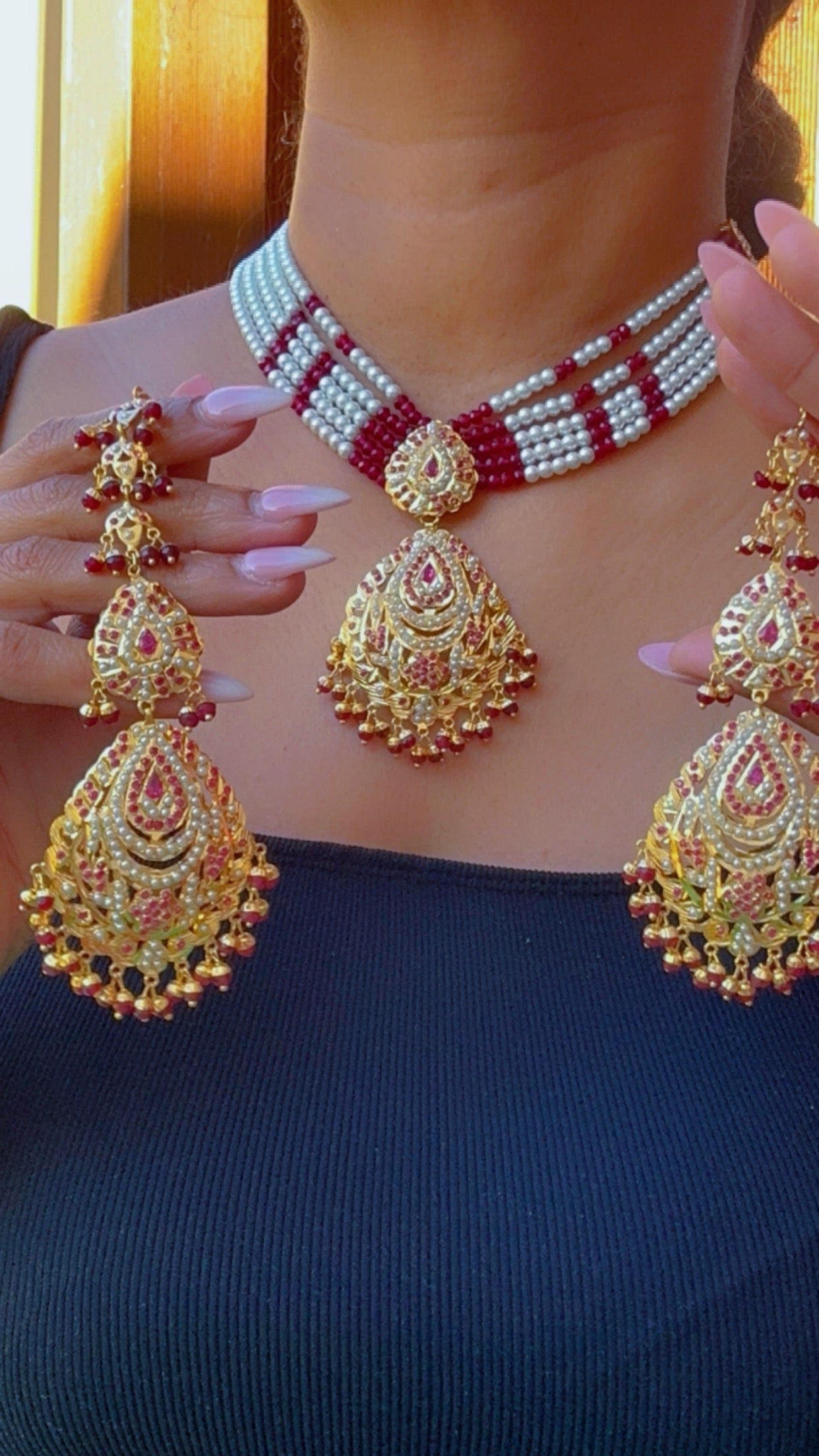 Real jadau choker or necklace set with sahare earrings ruby