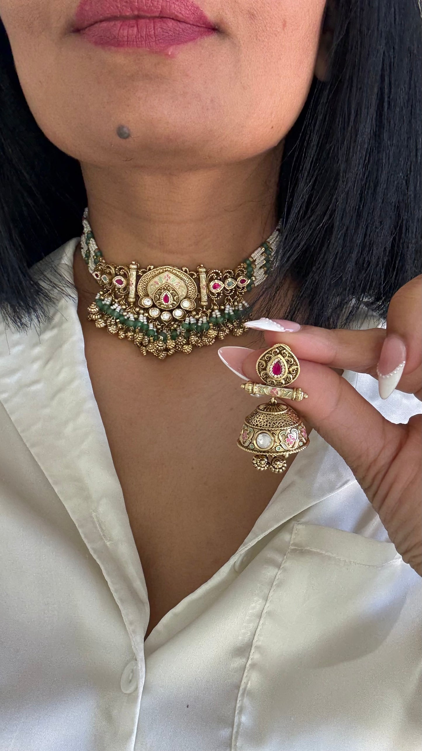 Gold Plated Indian Choker Set with Jhumki EarringsSandookh collection