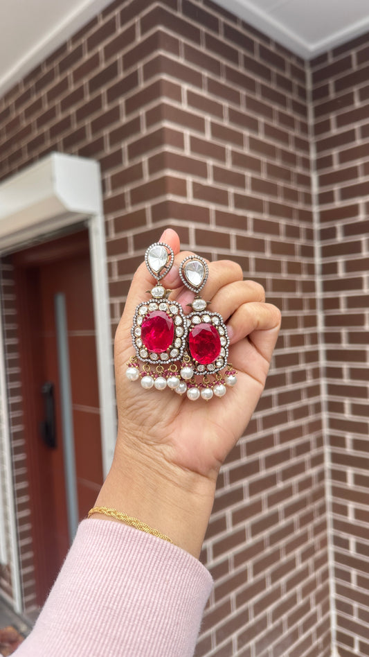 Moissanite diamond earrings with doublet stones ruby red