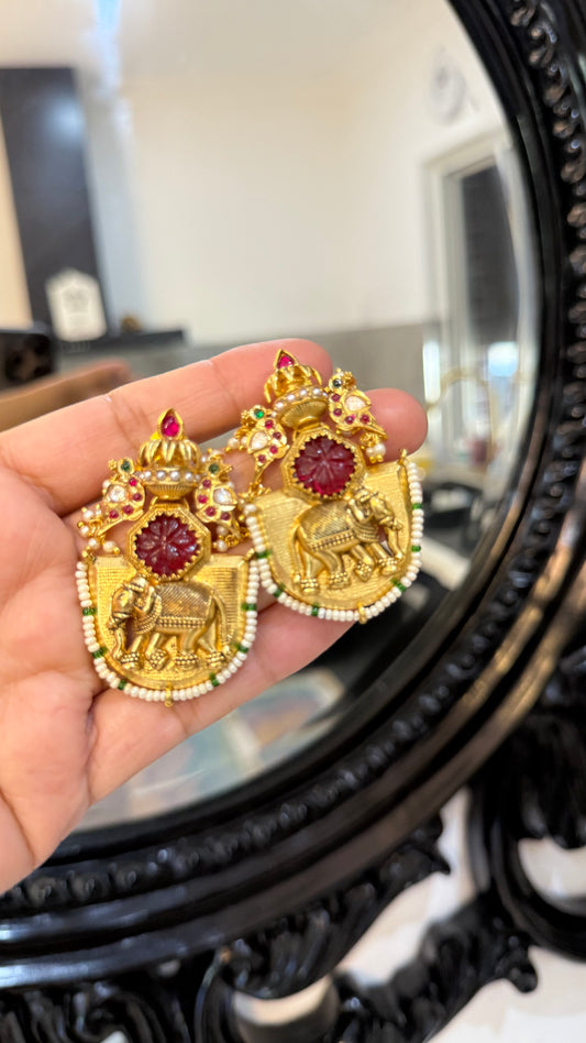 Elephant engraved hand made earrings gold plated