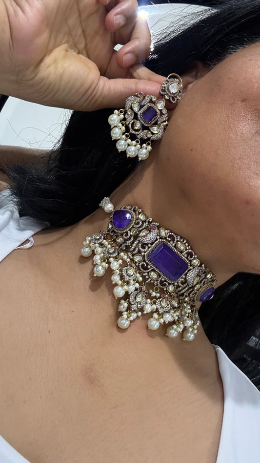 Moissanite choker with earrings with doublet stone