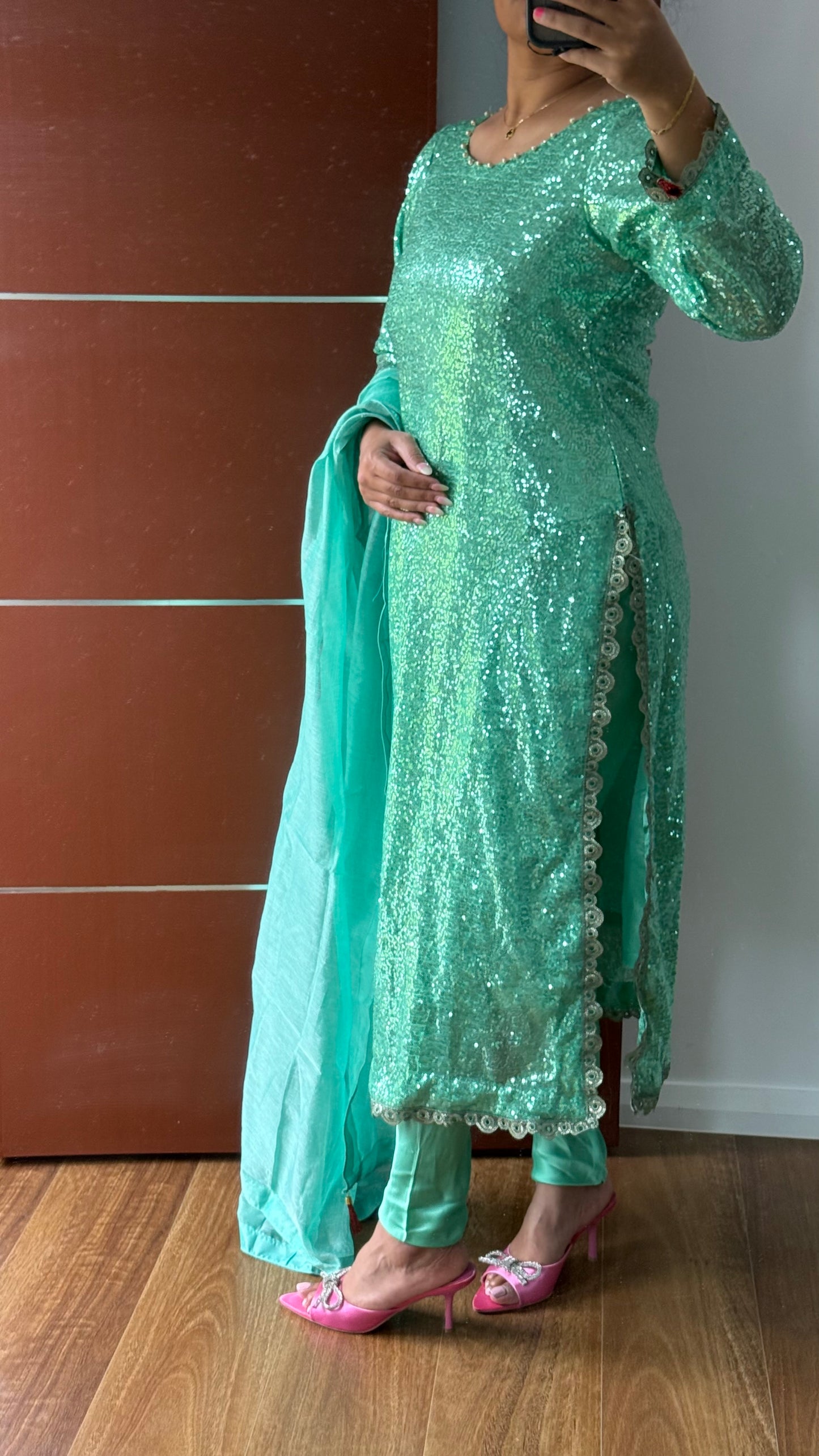 long kurta with dupatta and pants Indian outfit