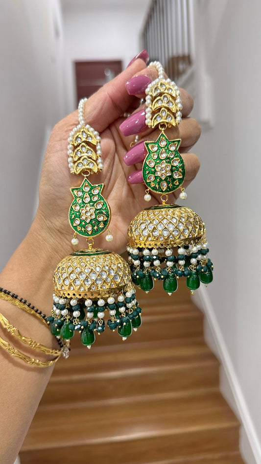 Pakistani oversized kundan jhumka earrings with sahare green