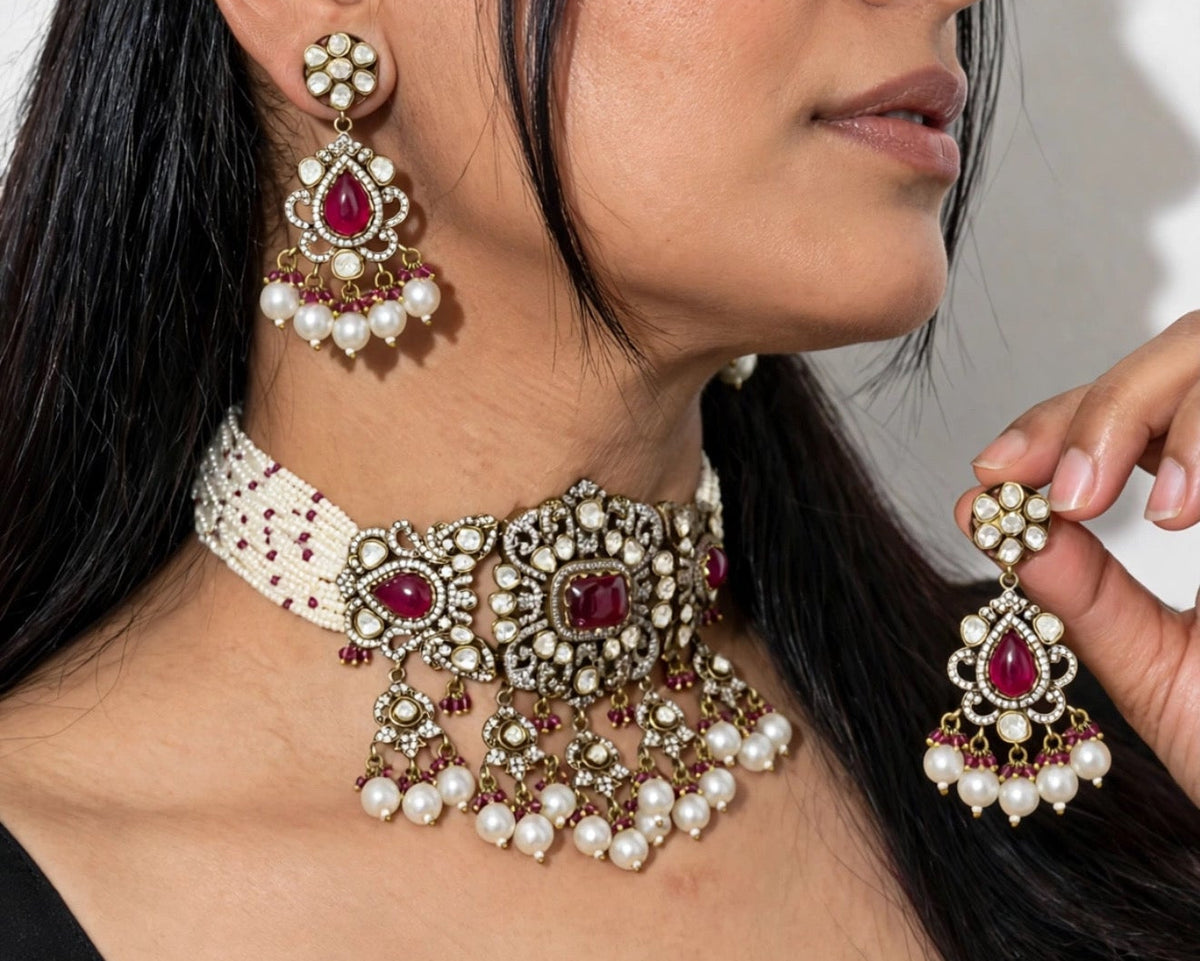 Moissanite Choker Necklace Set – Indian Bridal Jewellery