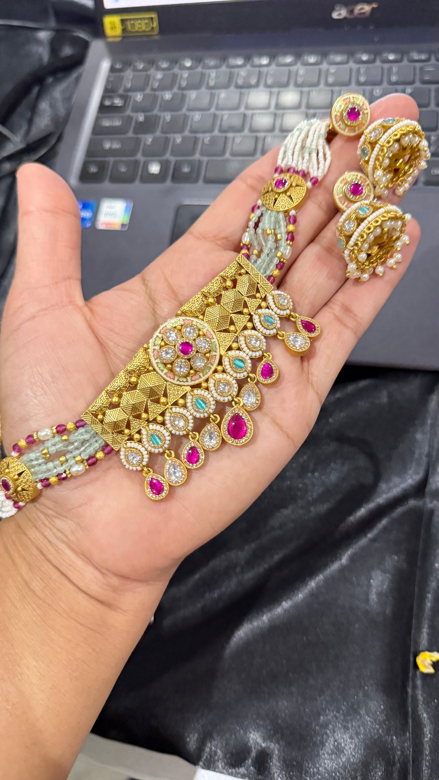 Gold Plated Indian Choker Set with Jhumki Earrings