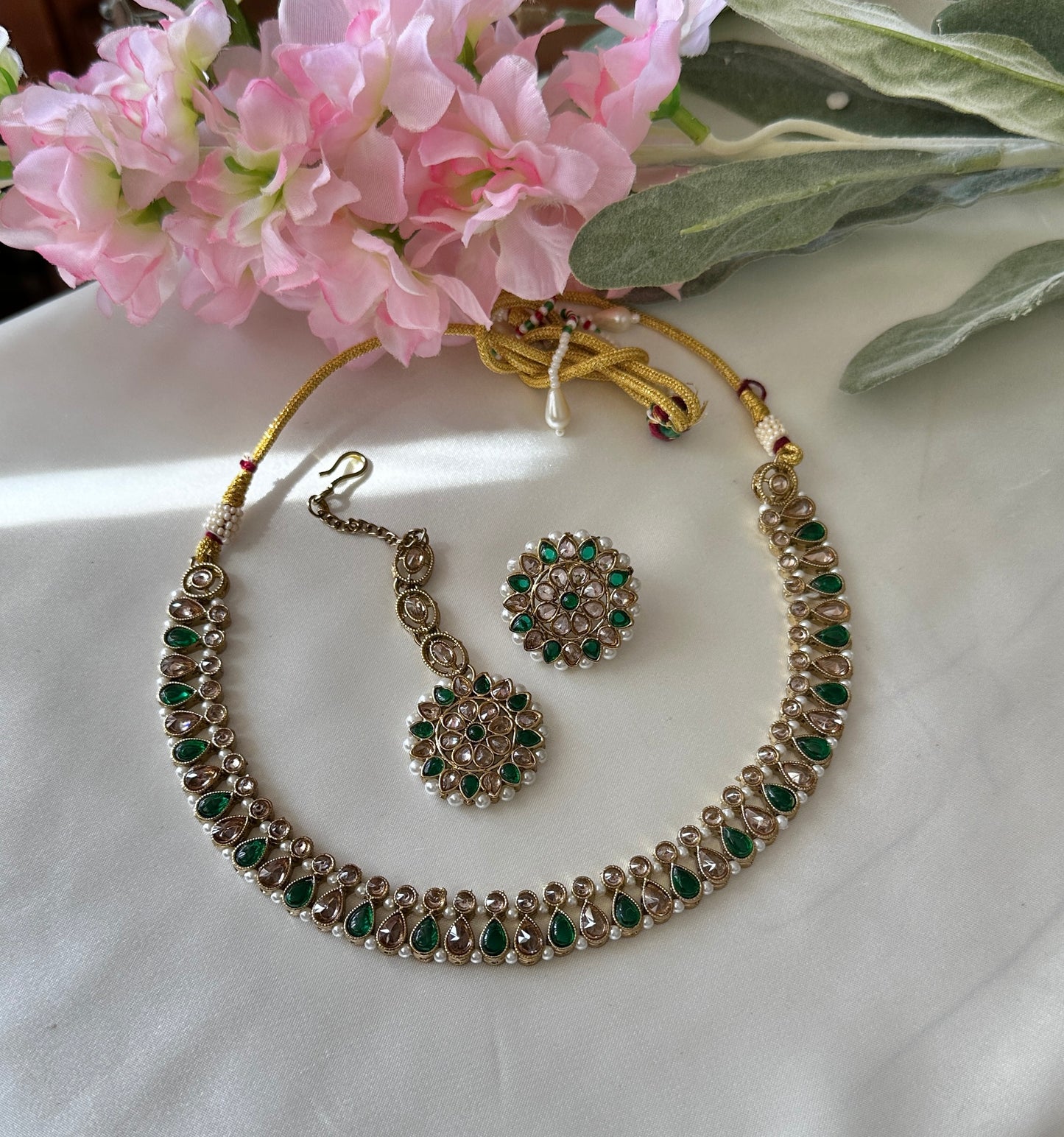 Polki necklace with studs and tikka