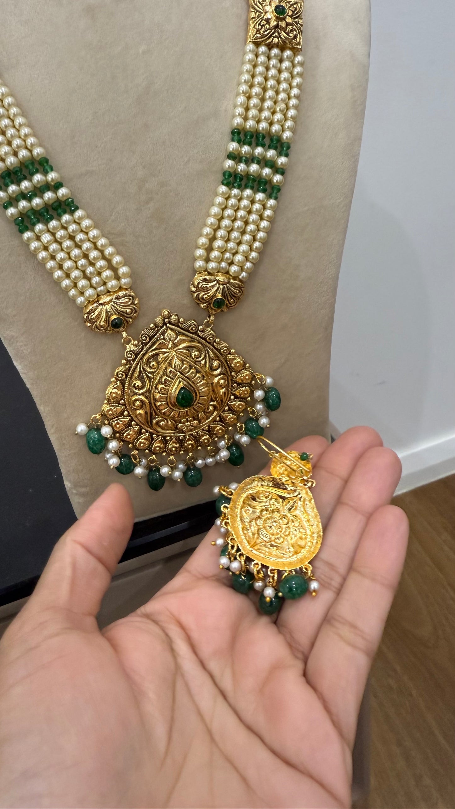 Gold Plated Indian Raani haar Set with Earrings & Tikka – Bridal Jewelry Sandookh collection