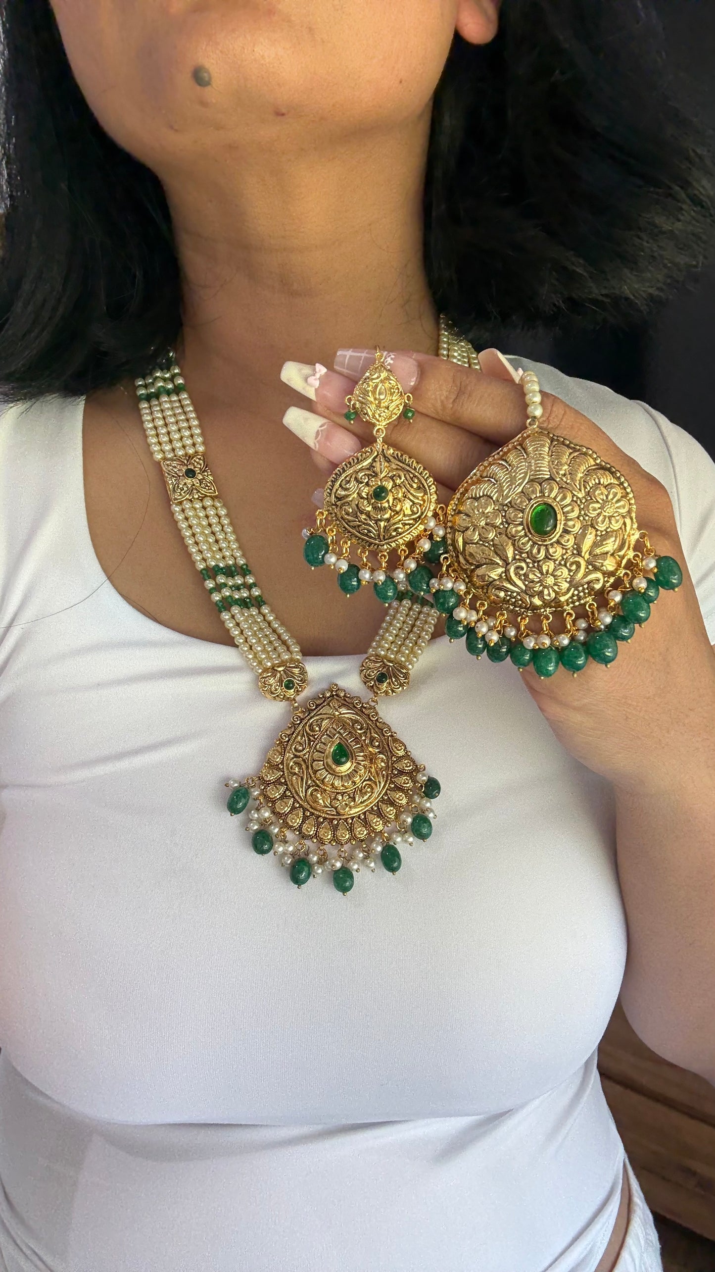 Gold Plated Indian Raani haar Set with Earrings & Tikka – Bridal Jewelry Sandookh collection