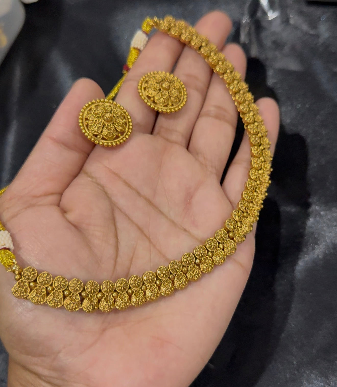 Antique Gold look Necklace Set with Stud Earrings – Traditional Indian Jewelry  Sandookh collection