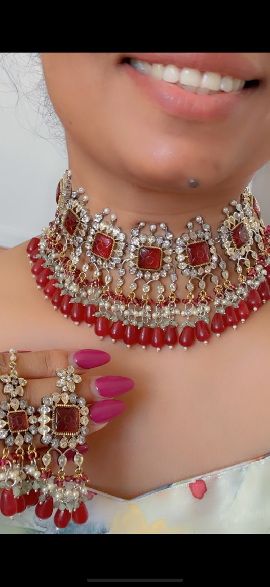 Necklace choker set with tikka and earrings mehroon ruby