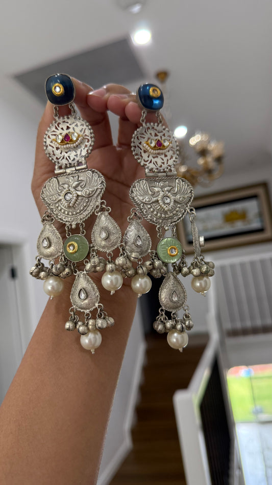 Kashmiri style oversized earrings with pachi gemns