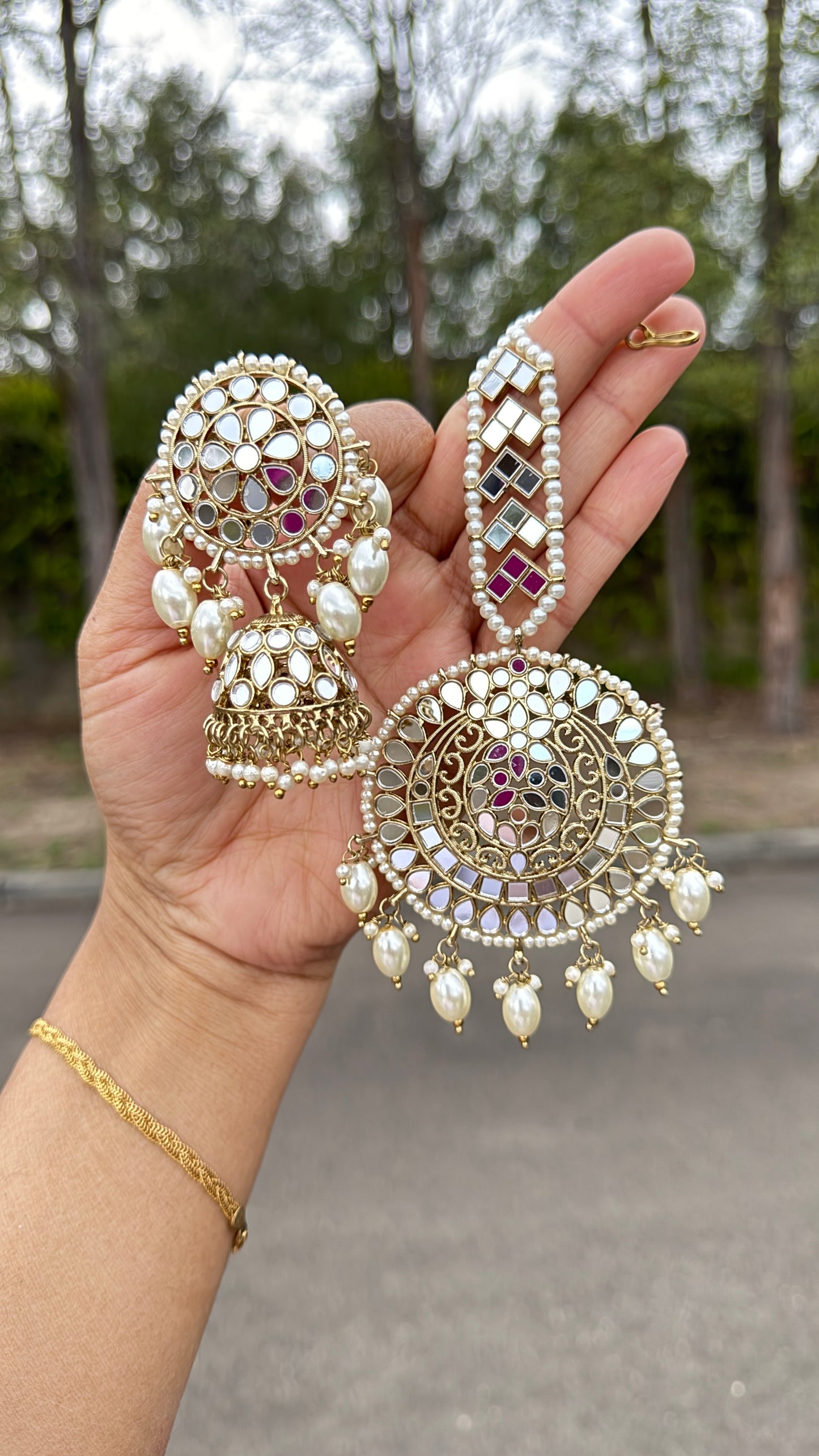 Mirror earrings with tikka