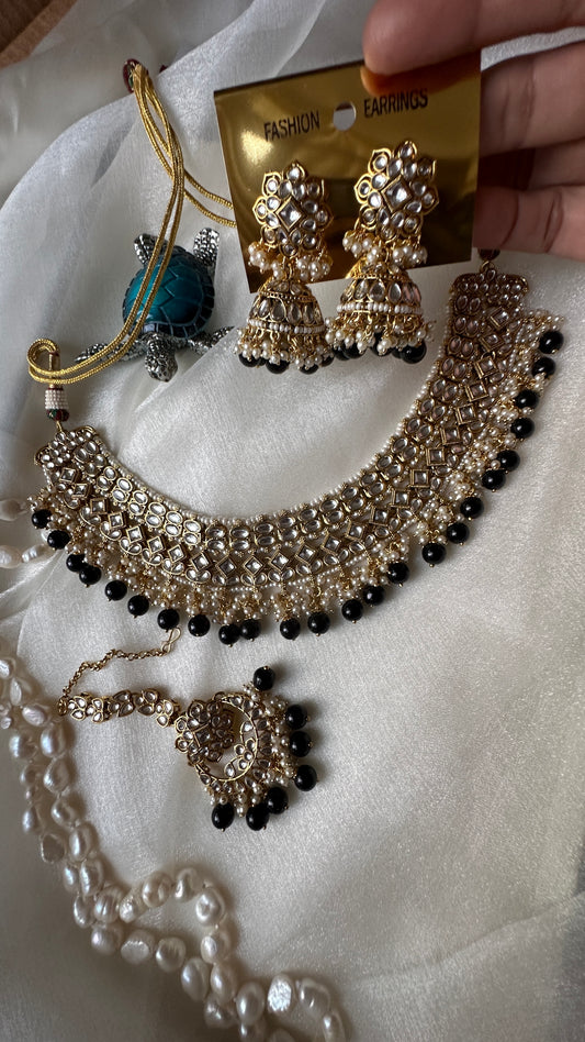 Kundan choker or necklace  set with earrings and tikka black