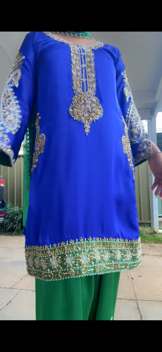Three piece Pakistani hand work outfit dark blue and green