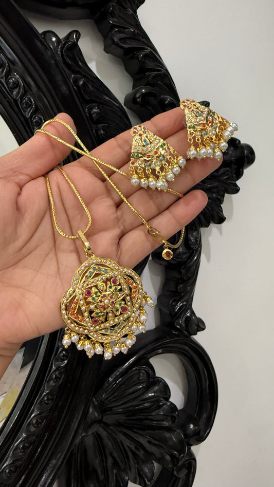Real Jadau Gold Plated Necklace Set with Matching Earrings pendant with chain