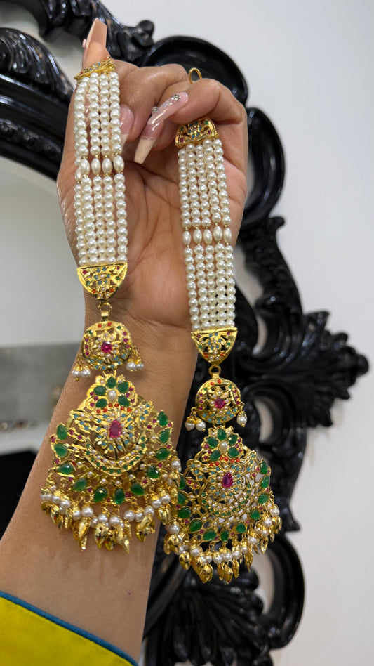Real Jadau Earrings Gold Plated with Attached Sahare | Traditional Indian Bridal Earrings