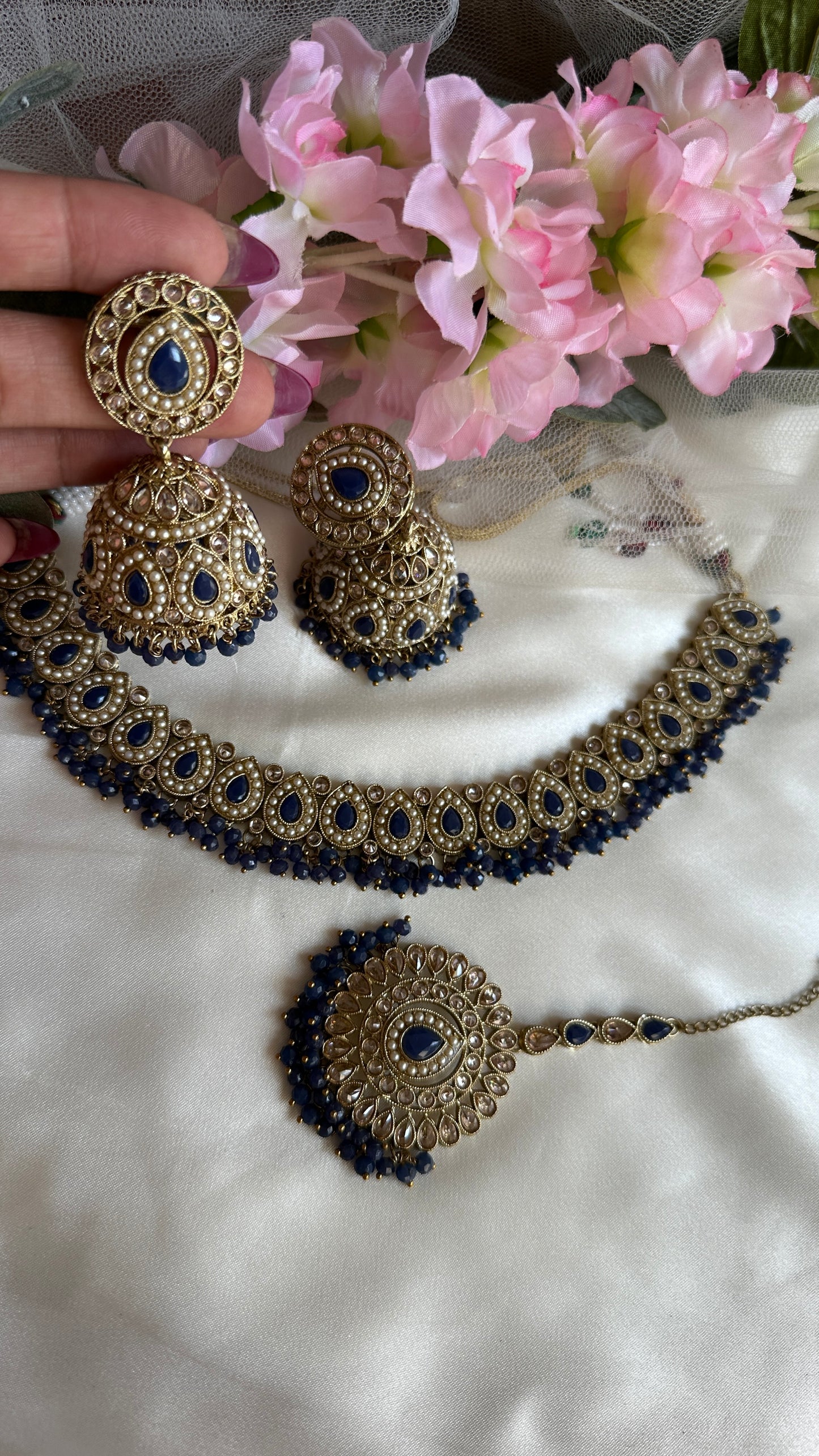 polki necklace with jhumka and tikka blue