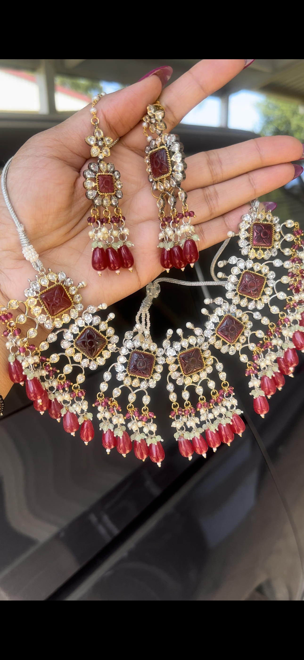 Necklace choker set with tikka and earrings mehroon ruby