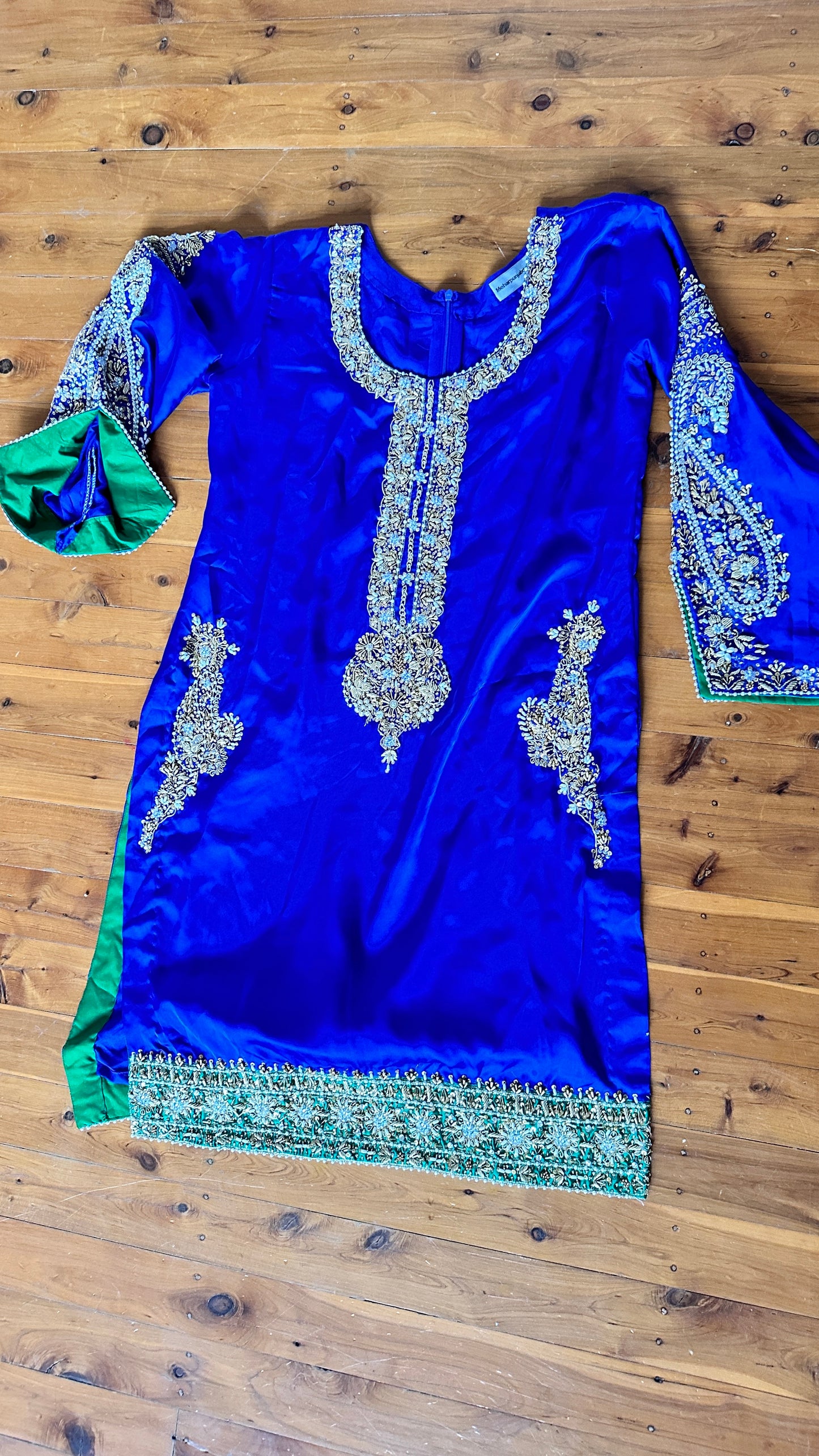 Three piece Pakistani hand work outfit dark blue and green