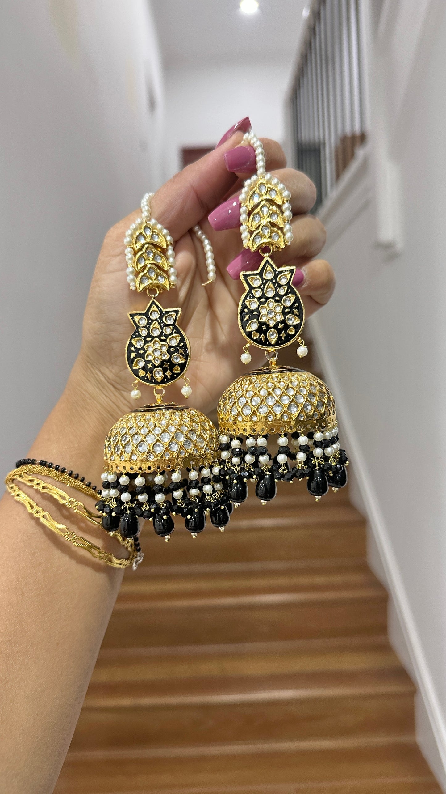 Pakistani oversized kundan jhumka earrings with sahare black