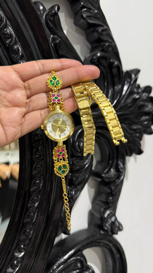 Pachi kundan watch free size gold plated bracelet style