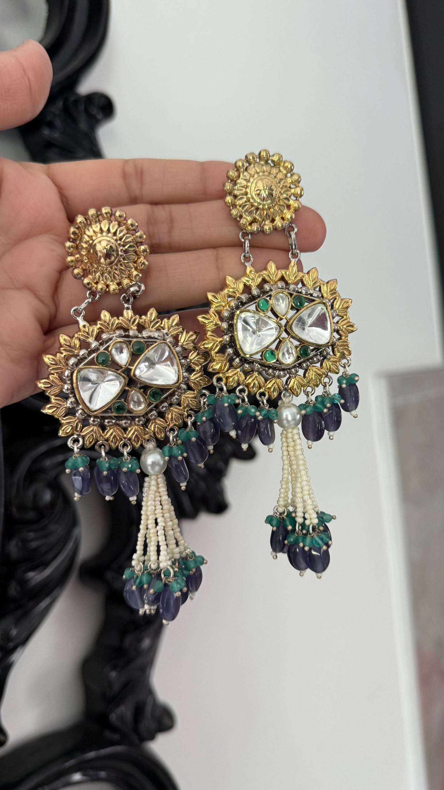 Uncut Kundan Earrings – Silver & Gold Mix Finish | Gold Plated | Real Beads