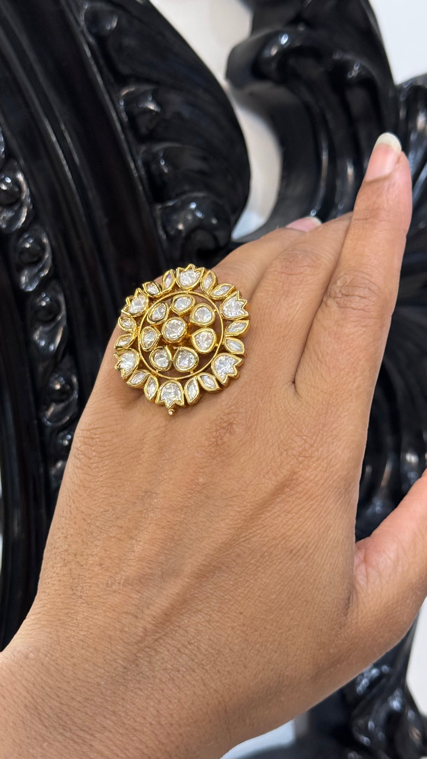 Gold plated kundan ring adjustable