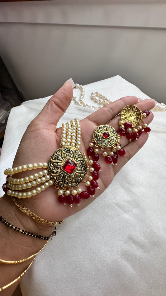 ruby Gold plated necklace set with earrings tikka sandookh