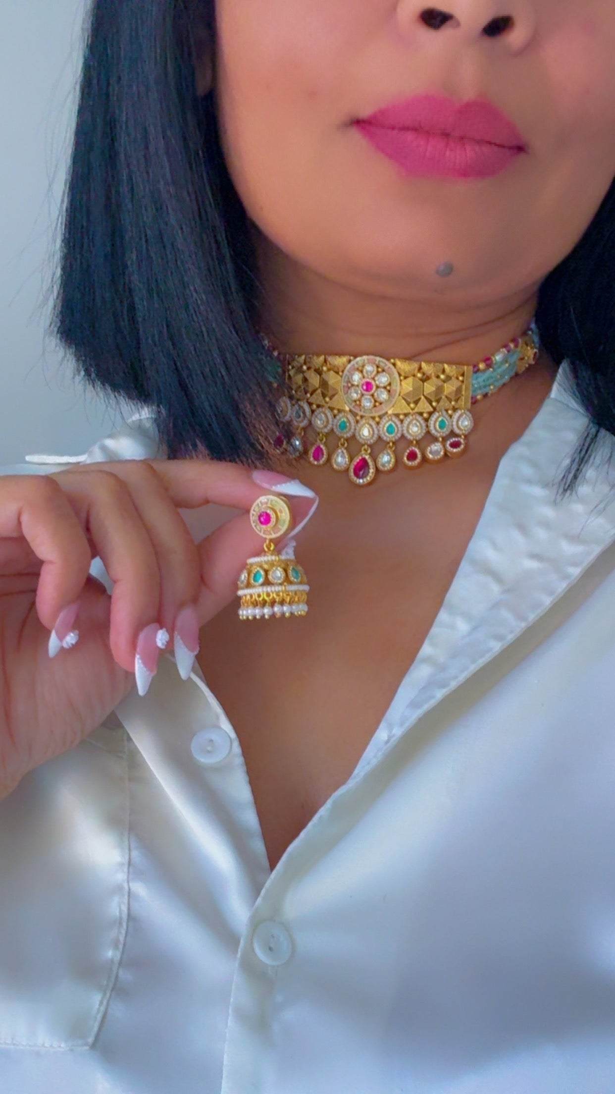 Gold Plated Indian Choker Set with Jhumki Earrings