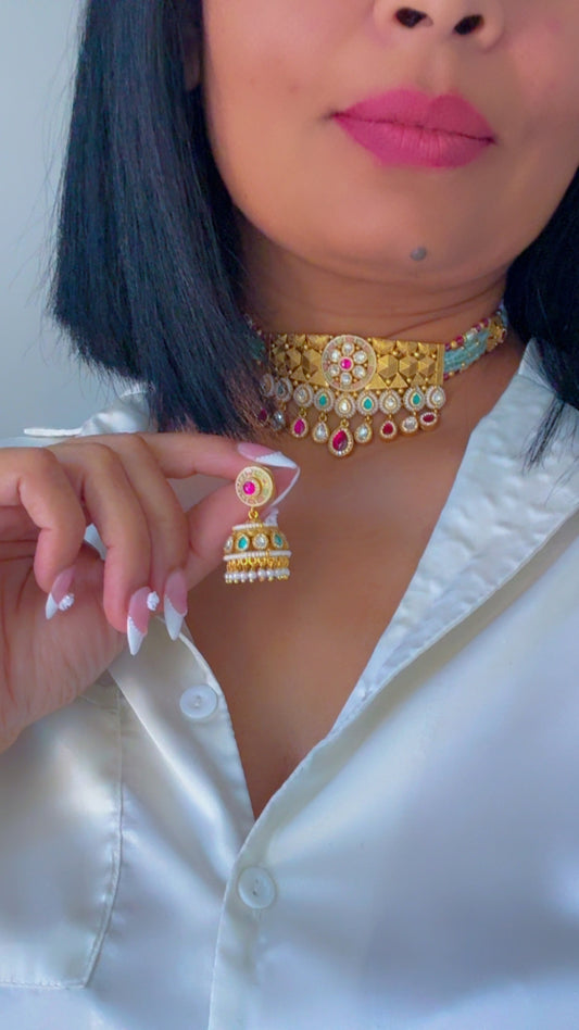 Gold Plated Indian Choker Set with Jhumki Earrings