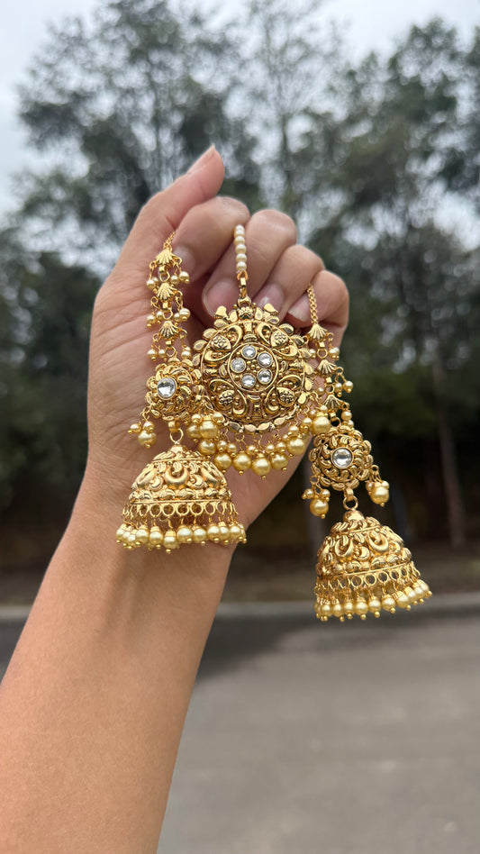 1g Gold plated jhumki earrings with attached sahare inspired from real gold design Sandookh collection