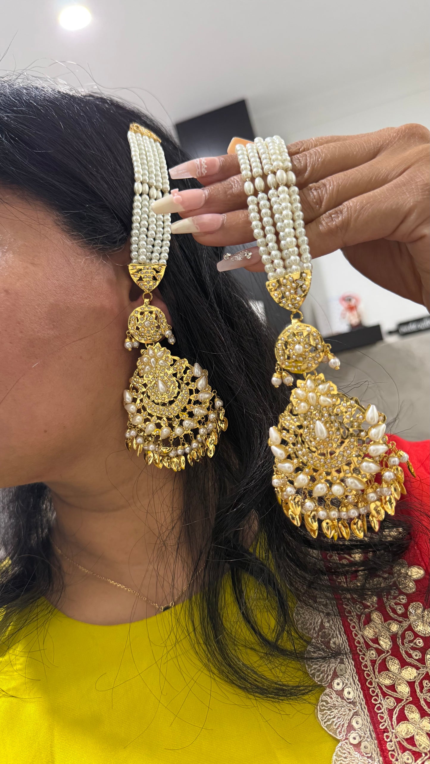 Real Jadau Earrings Gold Plated with Attached Sahare | Traditional Indian Bridal Earrings