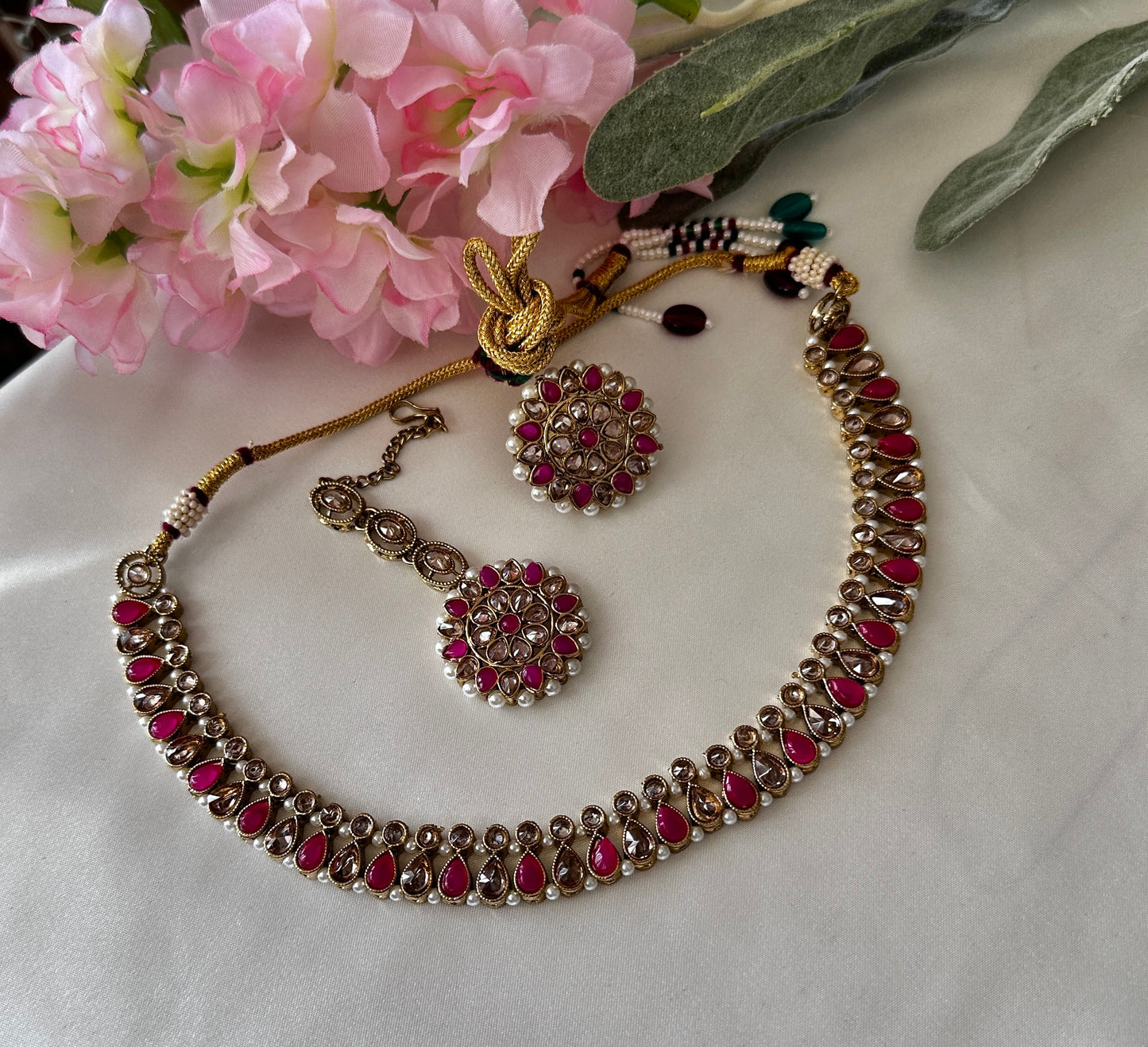 Polki necklace with studs and tikka