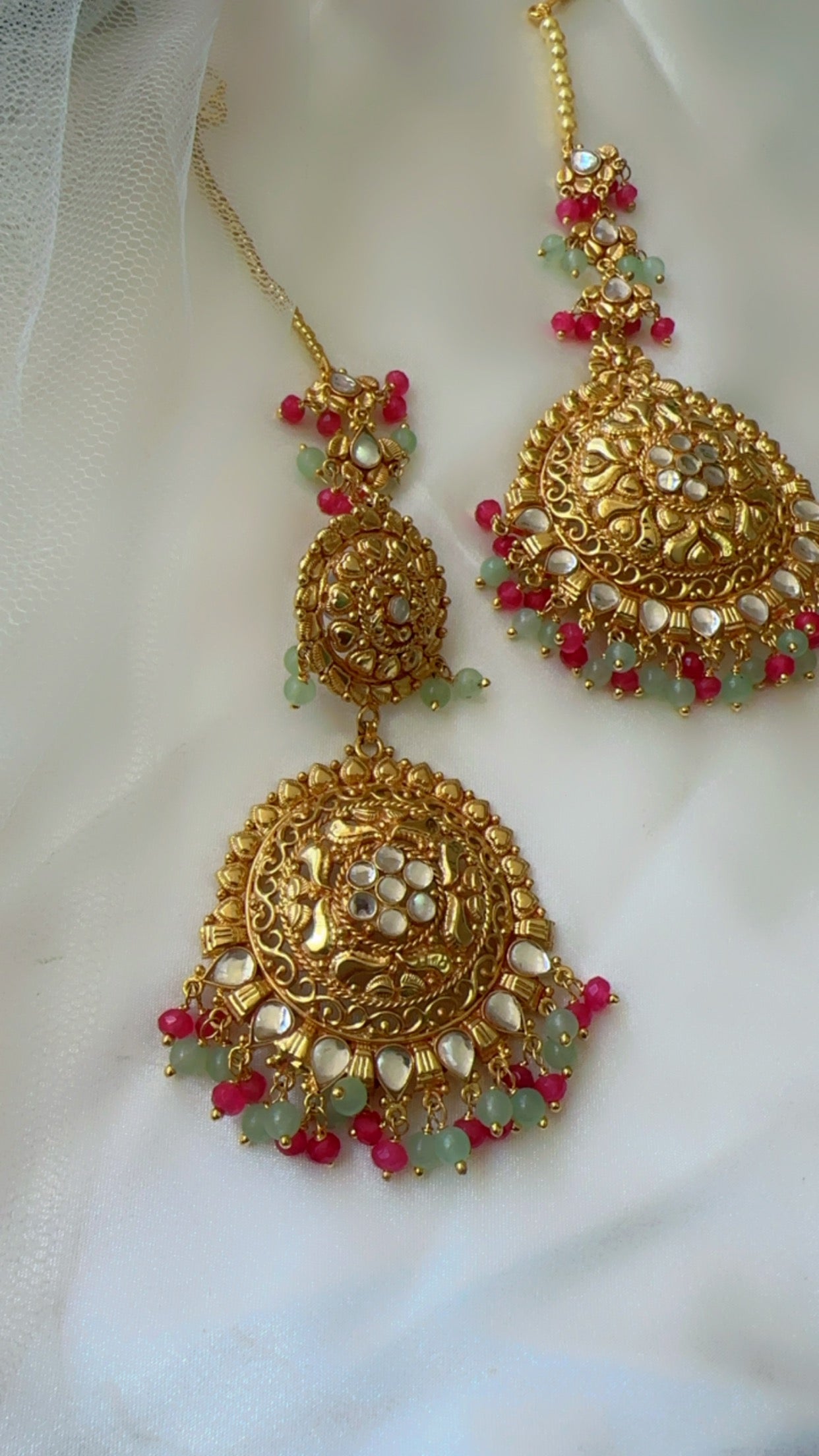 Gold plated sandookh earring and tikka with sahare pink mint mix