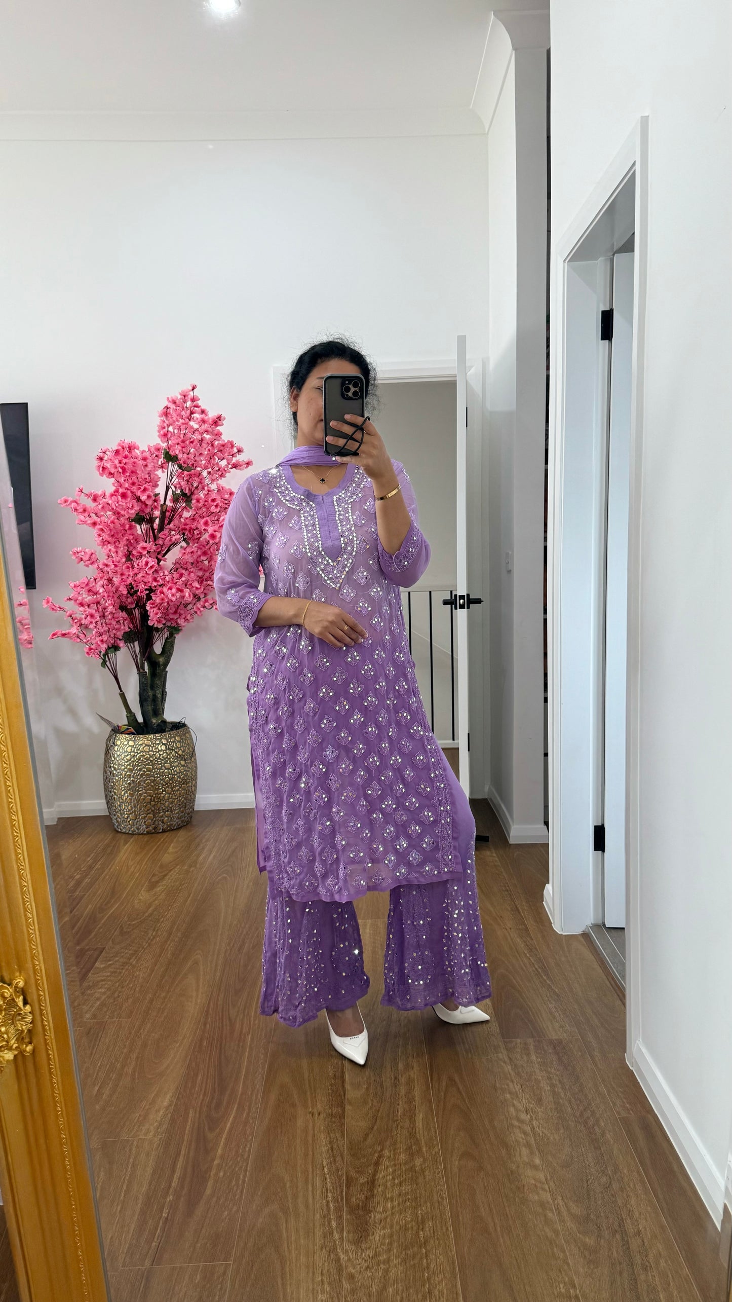 purple chikankari kurti set