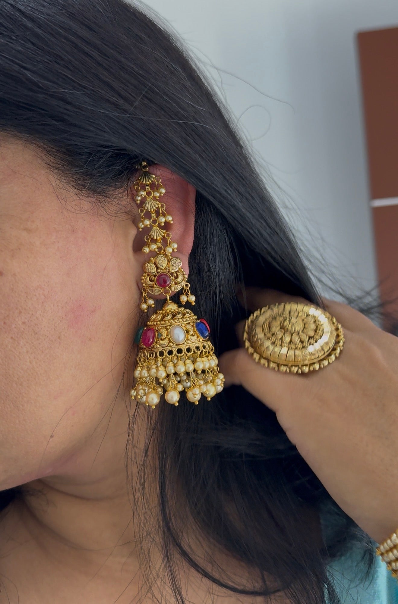 Gold plated earrings inspired from real gold design Jhumka Multi color Sandookh collection