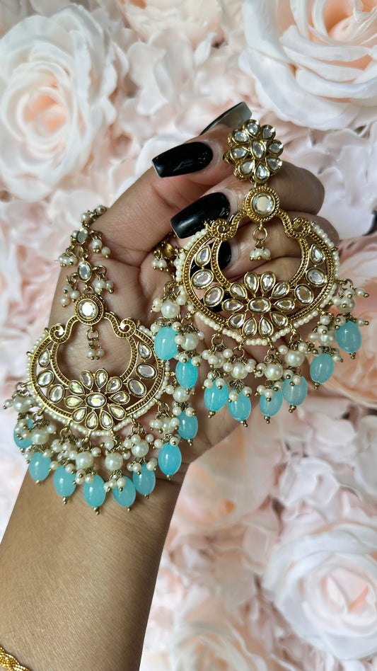 sky blue feroza  earrings and tikka in polki kundan