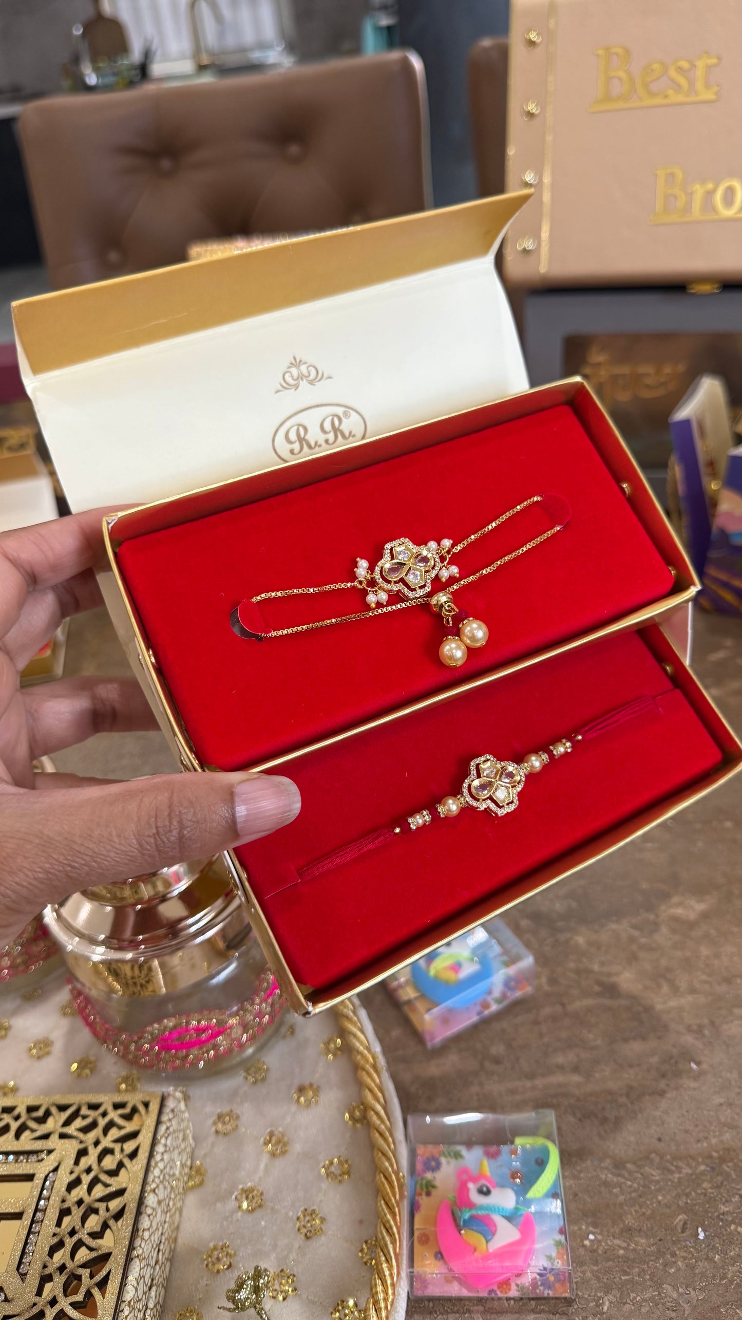 Premium American Diamond Rakhi for veera and bhabi combo
