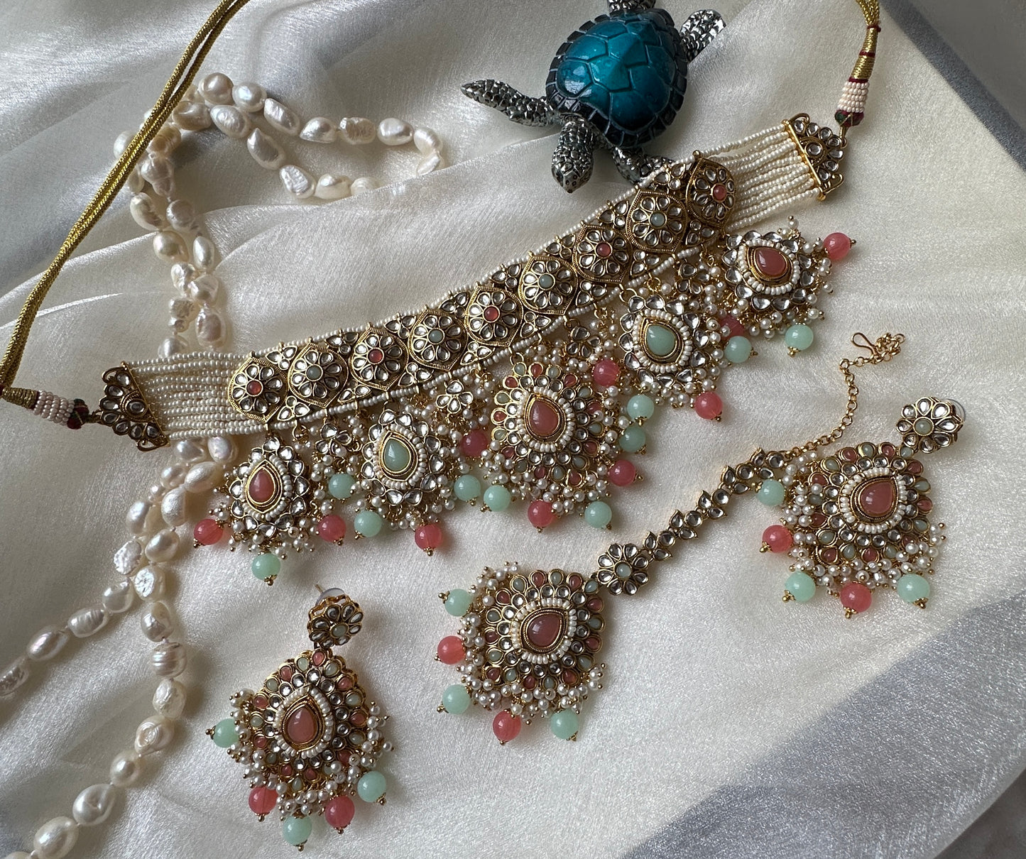 kundan choker set pink mint mix perfect for bride