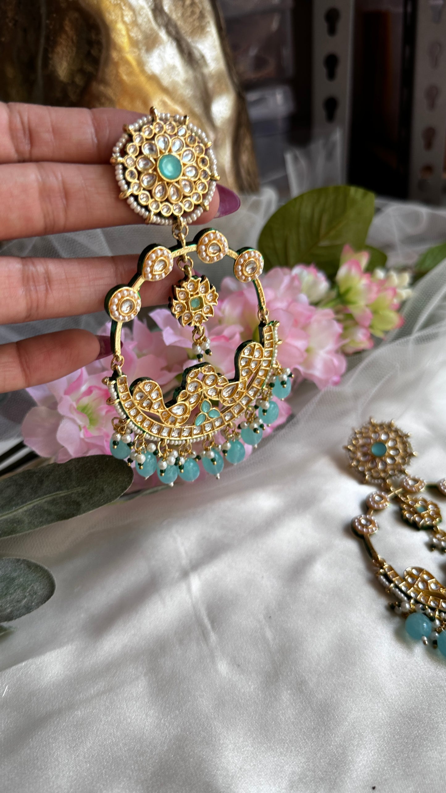 kundan long earring sky blue