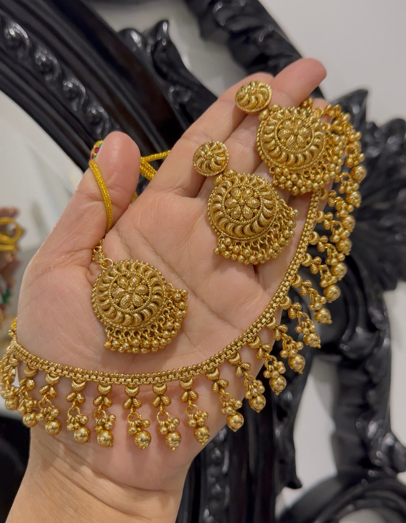 Antique look Gold Plated Necklace with Earring  and tikka  Sandookh collection