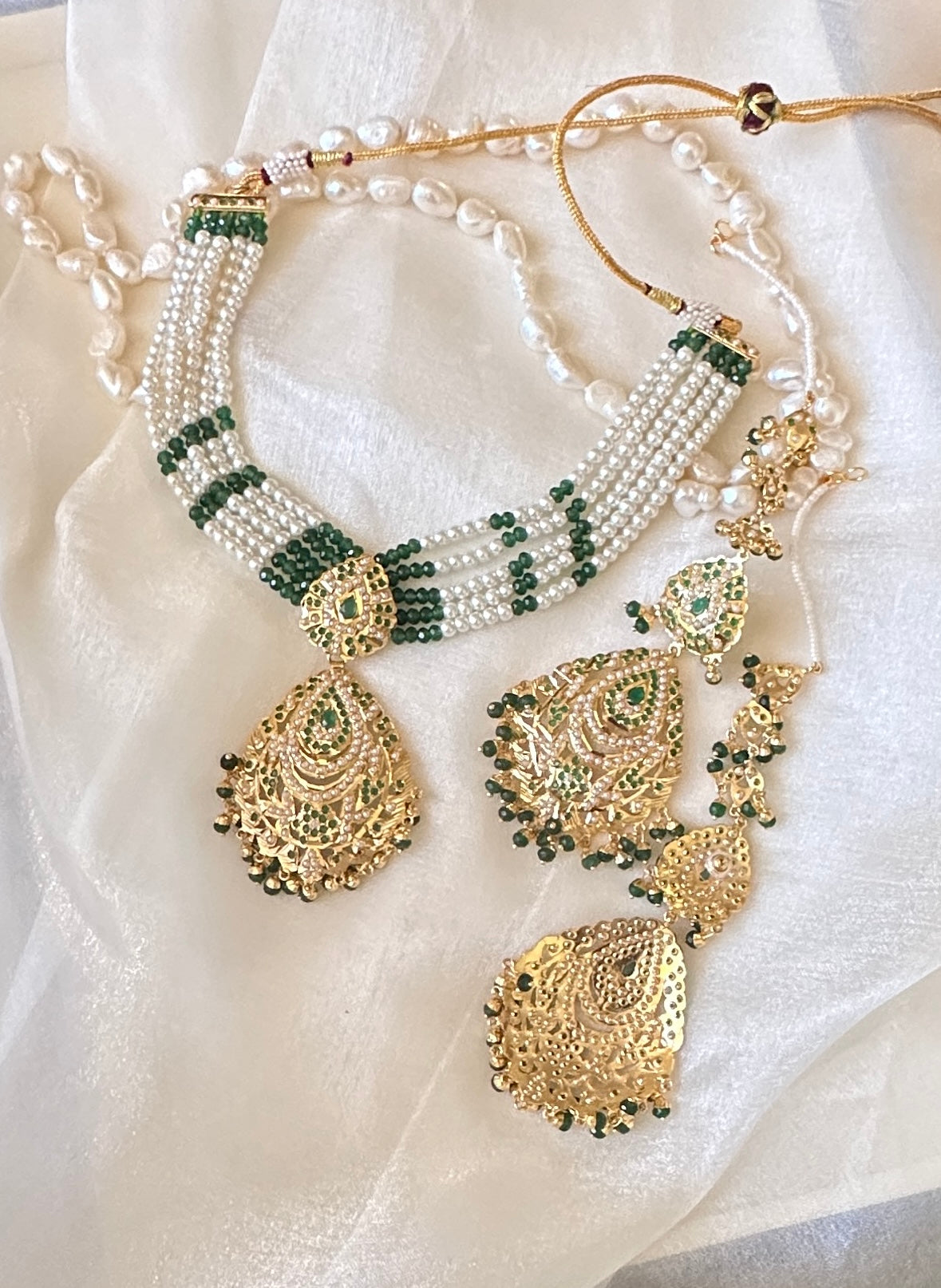 Real jadau choker or necklace set with sahare earrings green