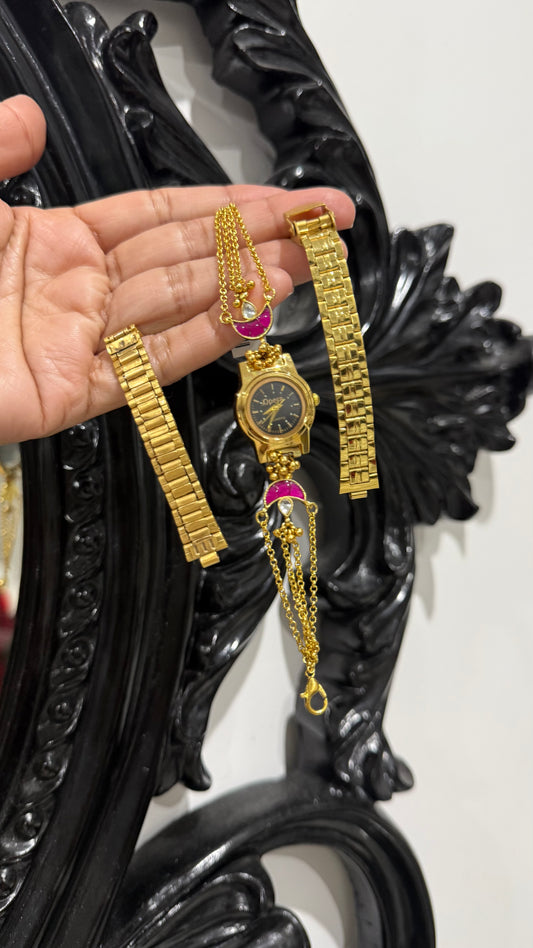 Pachi kundan watch free size gold plated bracelet style