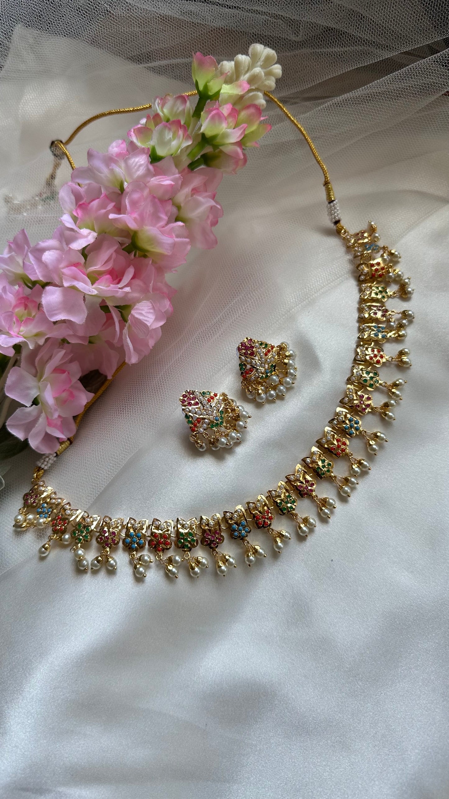 Real jadau gold plated navratan string with studs necklace