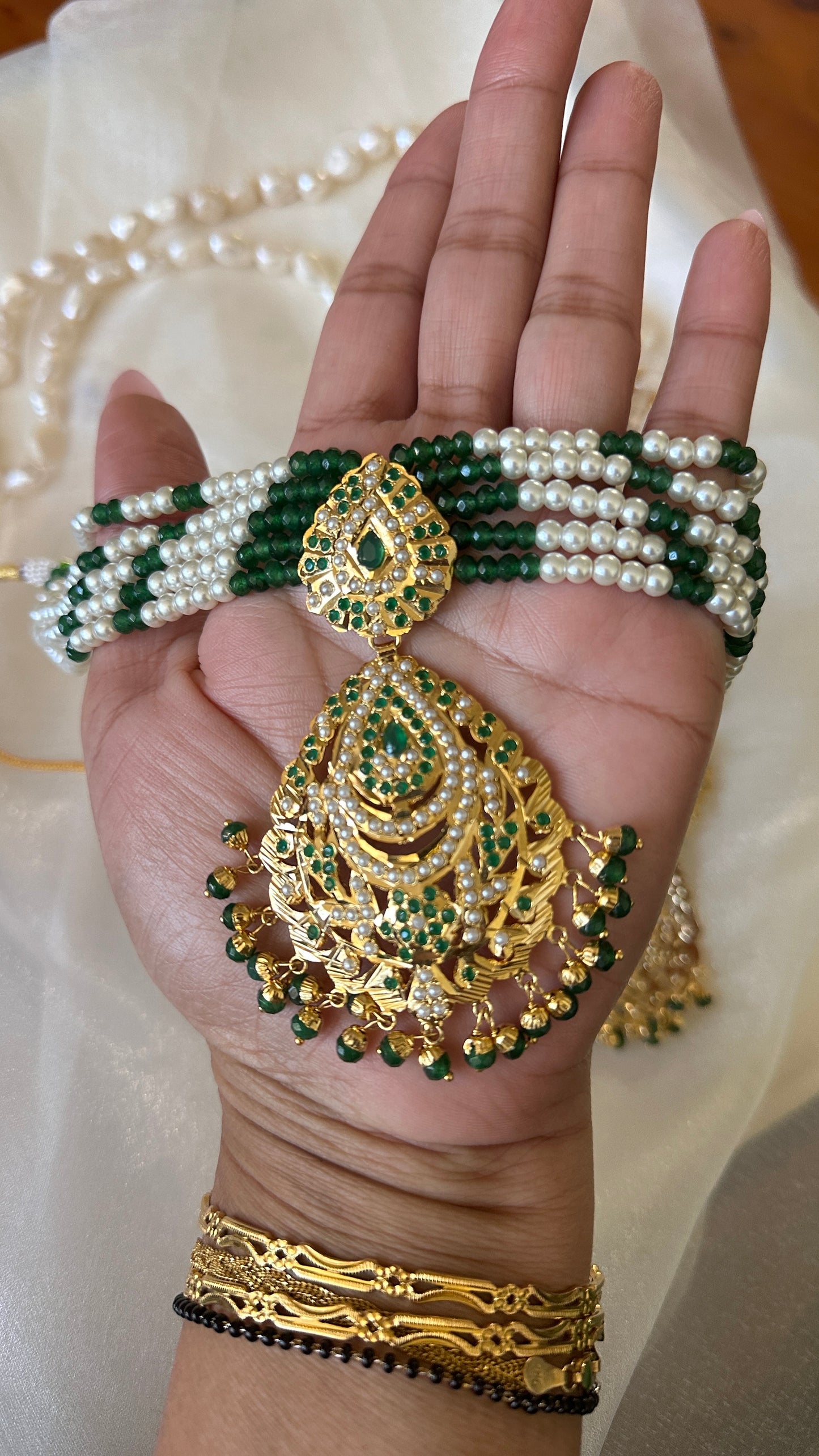 Real jadau choker or necklace set with sahare earrings green