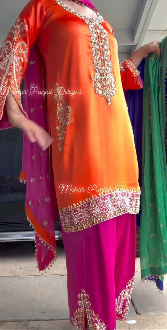 Three piece Pakistani hand work outfit orange and deep pink