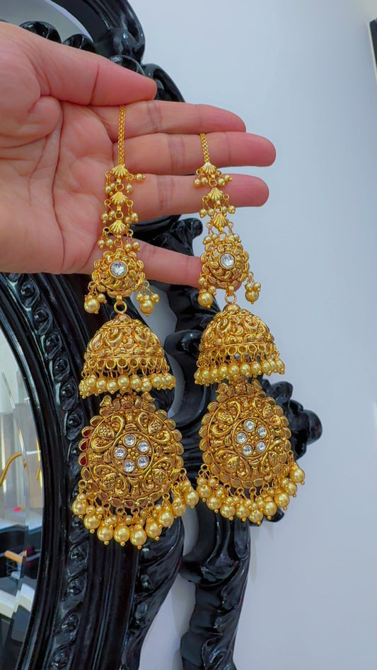 Gold plated earrings inspired from real gold design Jhumka oversized Sandookh collection