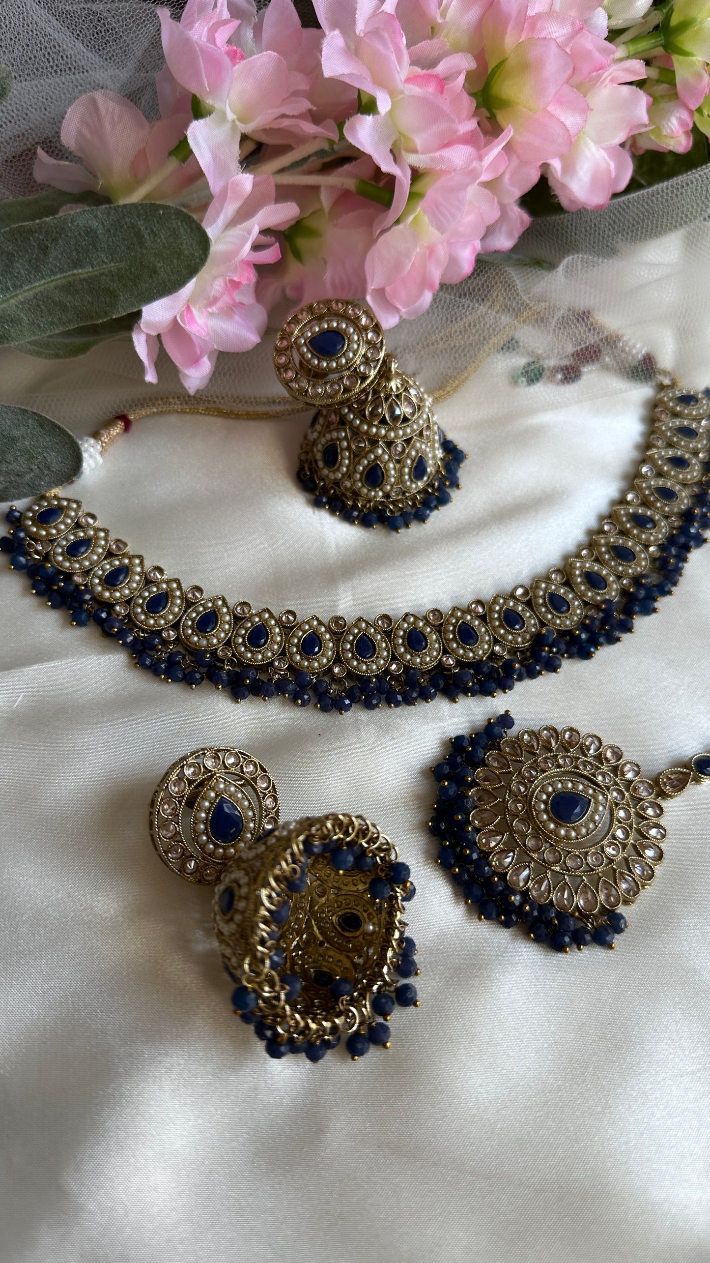 polki necklace with jhumka and tikka blue