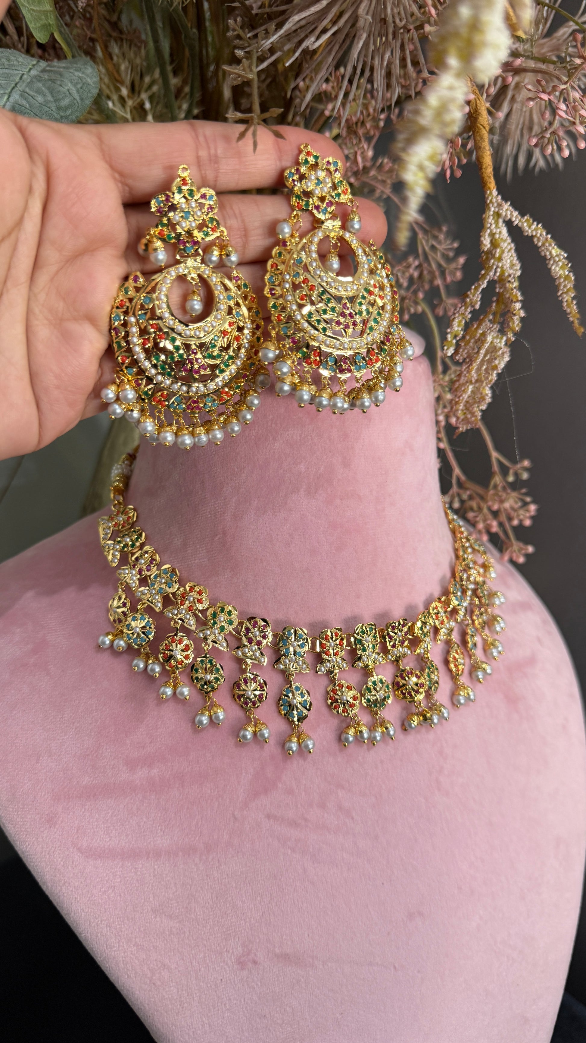 gold-plated Indian necklace, real jadau necklace with matching earrings. Perfect for indian events or festivals. Best jewellery in Australia